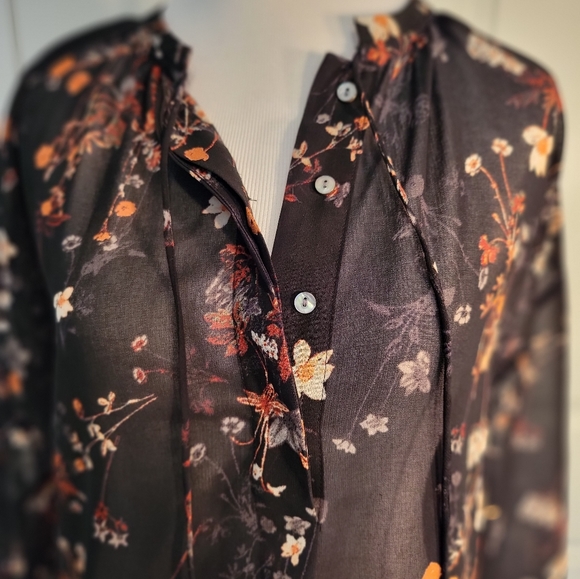 'A New Day' Black Sheet Peasant Blouse with Burnt Orange Floral Pattern - Size L - Picture 2 of 5